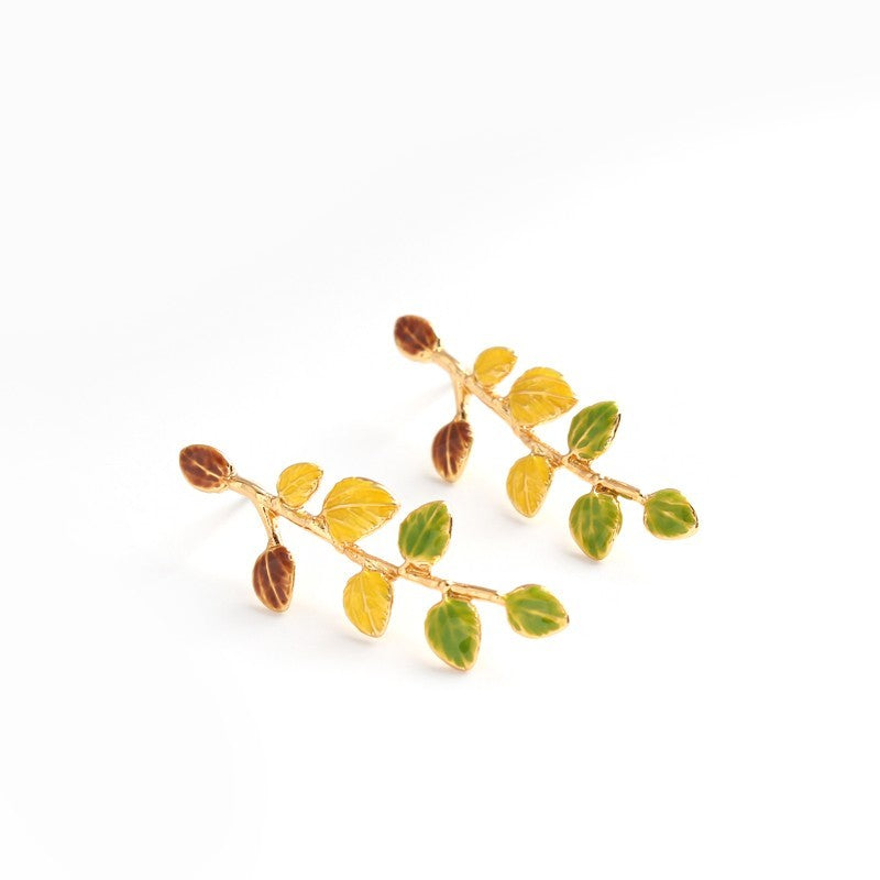 Plant Leaves Enamel Drip Glazed 18K Gilded Stud Earrings-Jewearrings