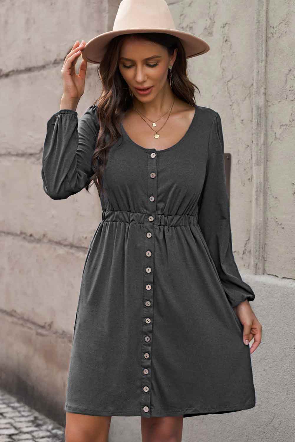 Plus Size Button Front Elastic Waist Long Sleeve Dress-Jewearrings