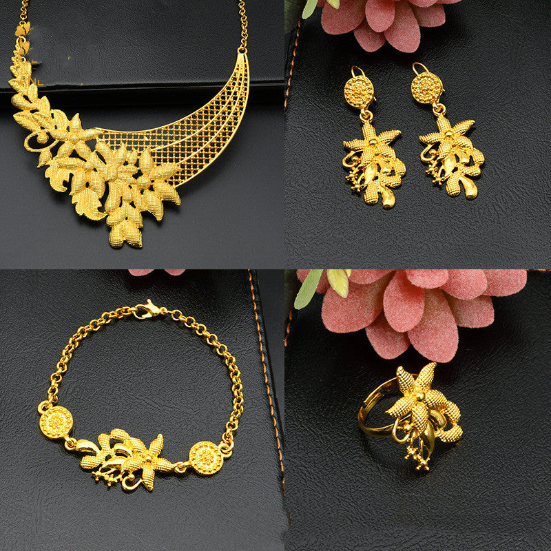 Women Gold Plated Necklace Earrings Ring Bracelet-Jewearrings