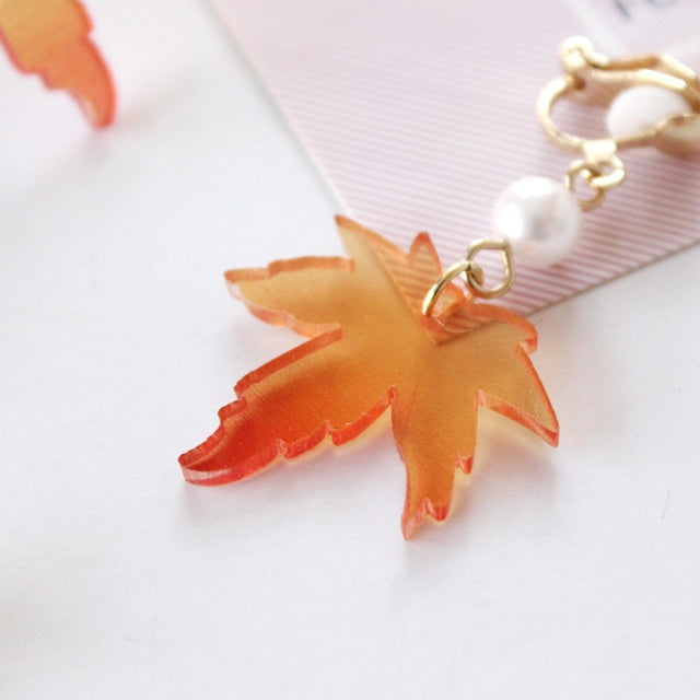 Maple Leaf Earrings Pearl Long Earrings-Jewearrings