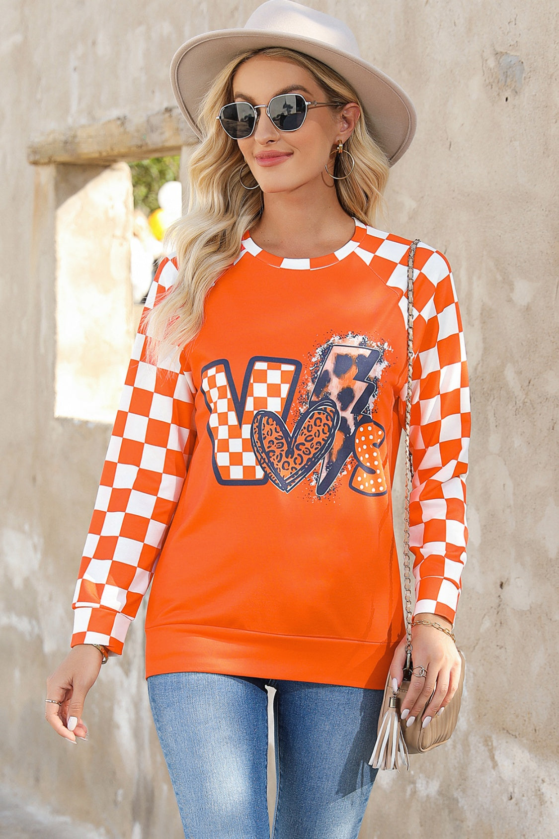 Checkered Round Neck Long Sleeve Sweatshirt-Jewearrings