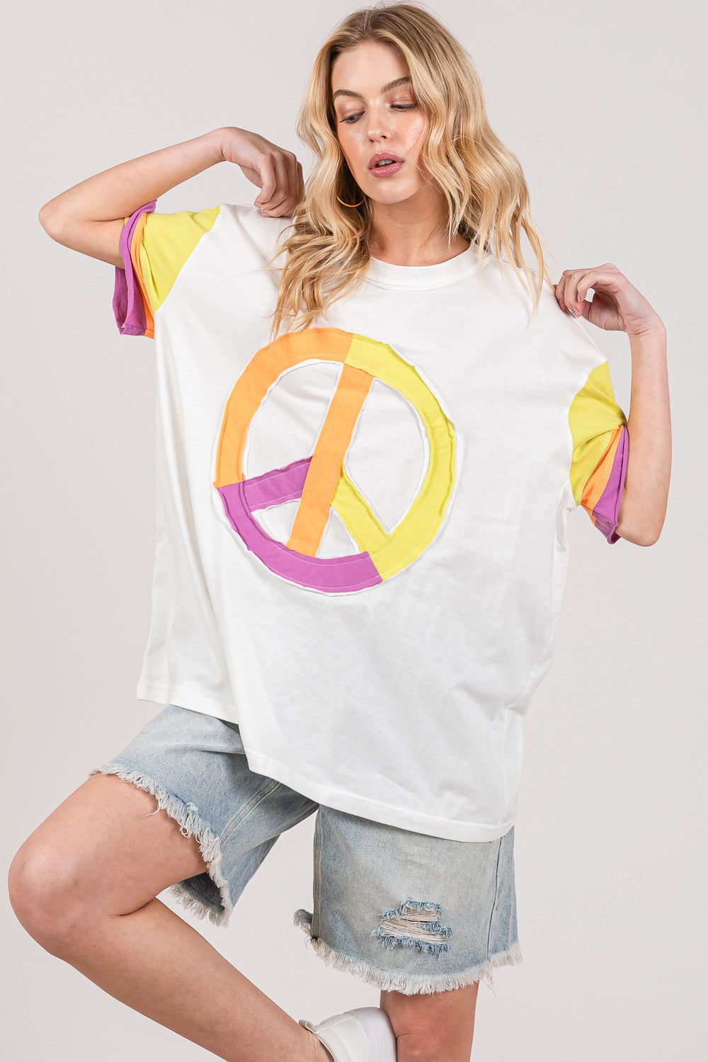 SAGE + FIG Color Block Peace Applique T-Shirt-Jewearrings