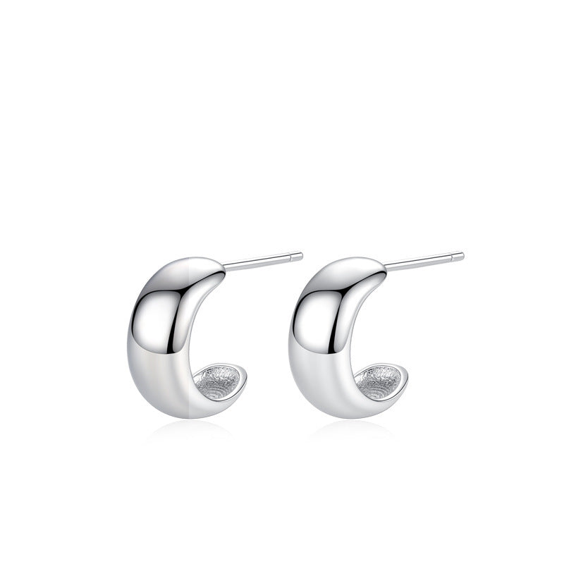 S925 Sterling Silver Glossy C- Shaped Stud Earrings For Women Japanese And Korean Simple Earrings-Jewearrings