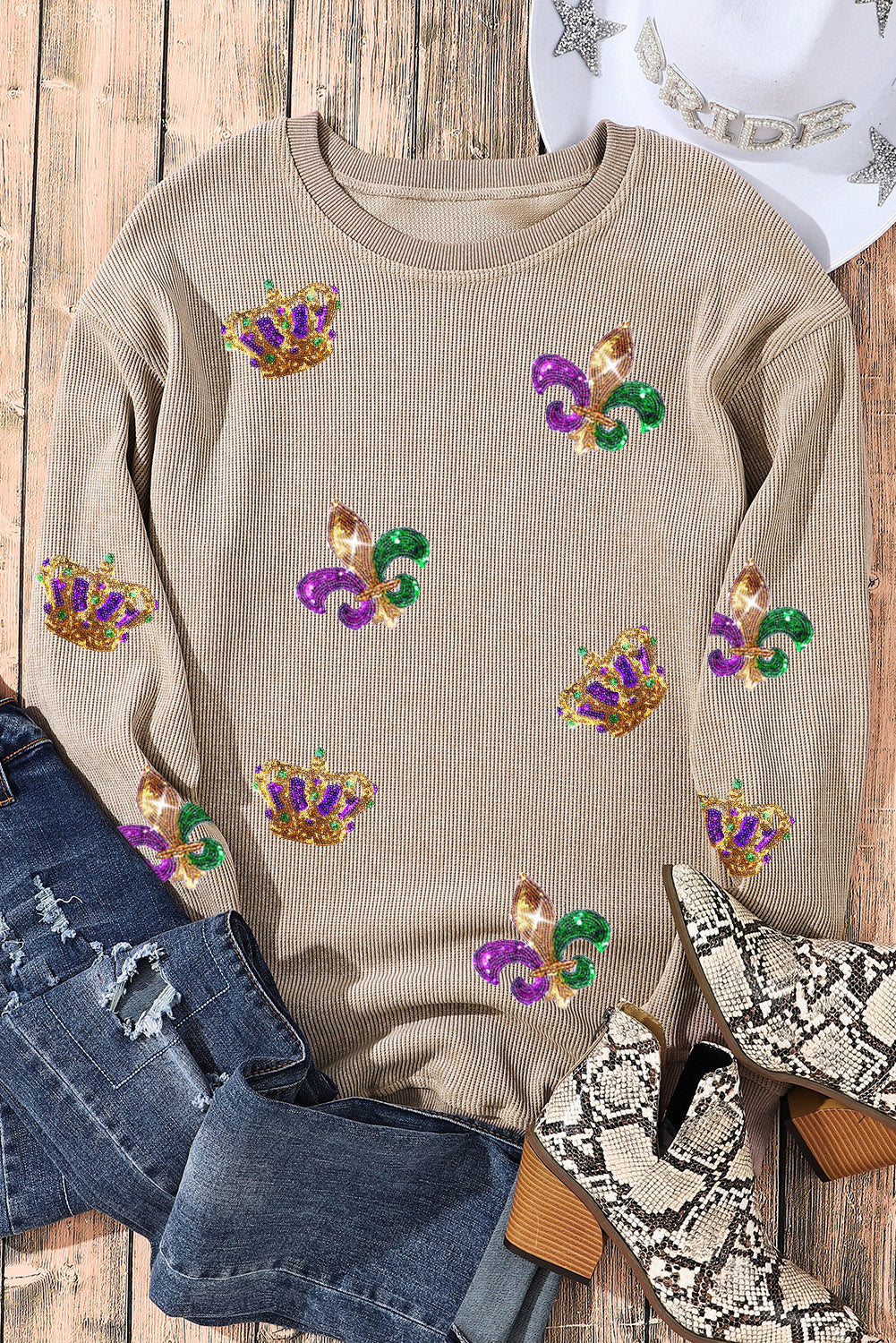 Mardi Gras Sequin Round Neck Dropped Shoulder Sweatshirt-Jewearrings