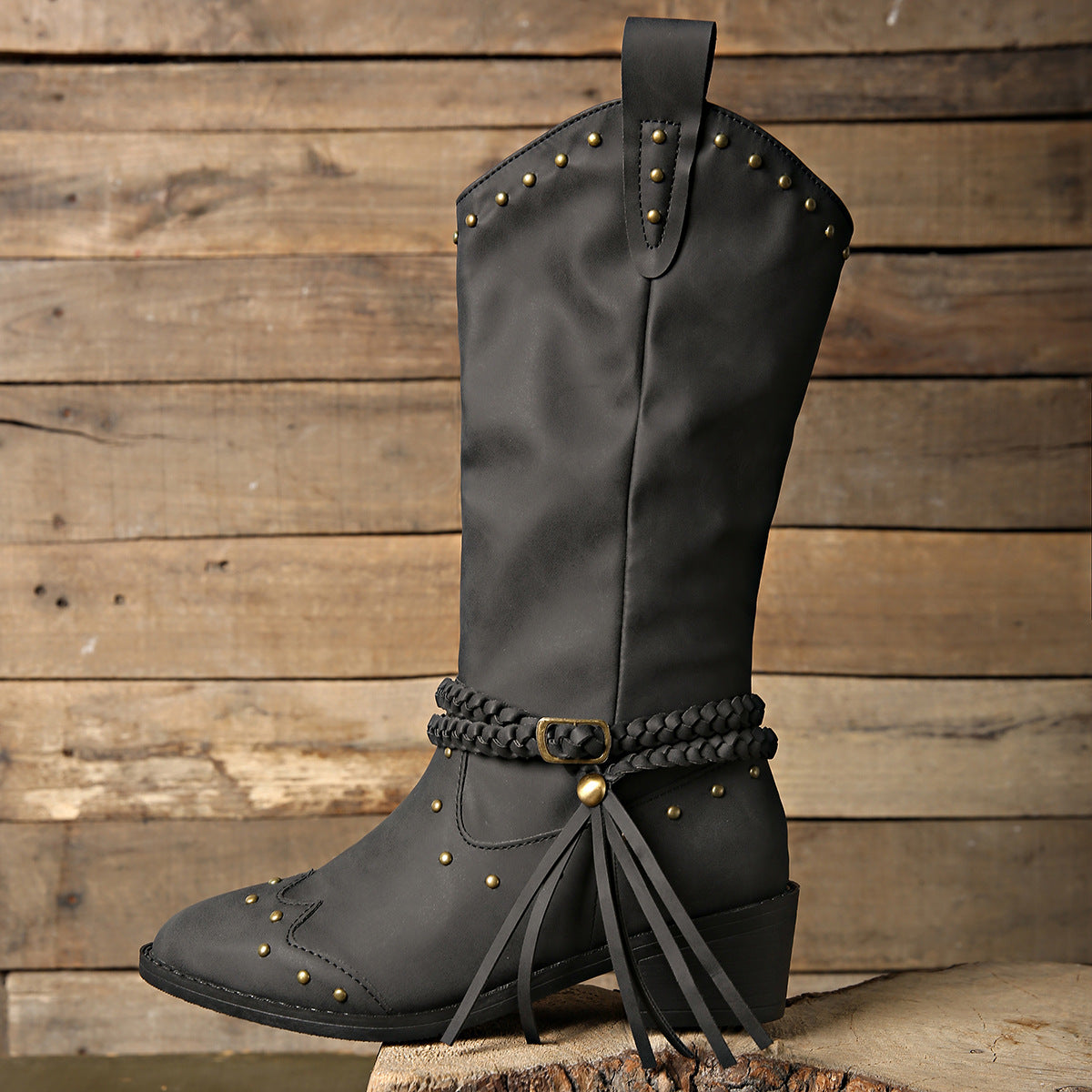 Studded PU Leather Block Heel Boots-Jewearrings