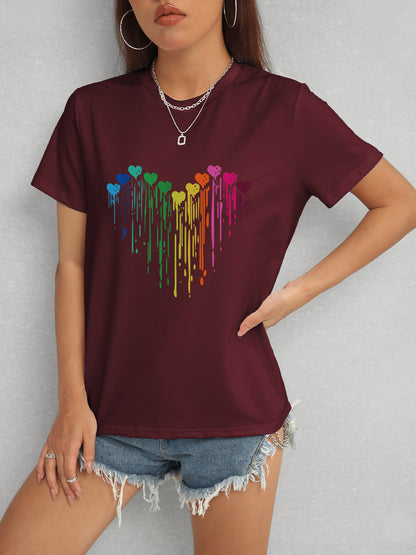 Heart Round Neck Short Sleeve T-Shirt-Jewearrings