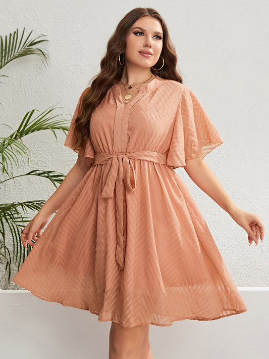 Plus Size Tie Waist Notched Neck Flutter Sleeve Dress-Jewearrings