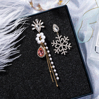 Korean fashion exaggerated asymmetric snowflake earrings long drop jewel tassel pearl earrings hipster earrings-Jewearrings