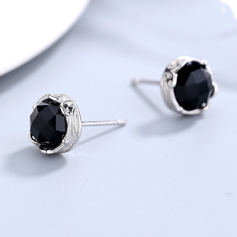 Vintage Geometric Black Agate Stud Earrings In Sterling Silver-Jewearrings