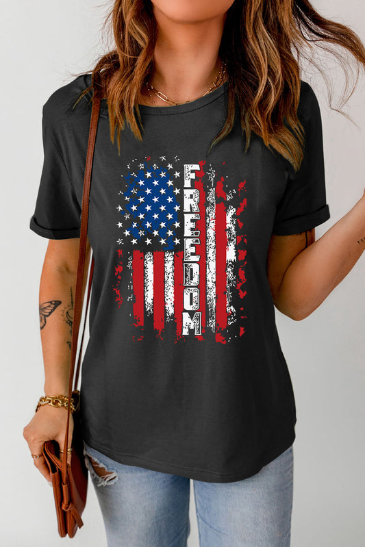 FREEDOM US Flag Graphic Round Neck Tee-Jewearrings