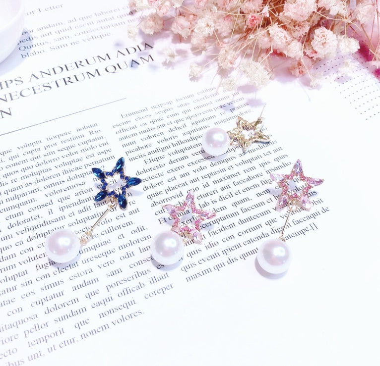 Pentagram Asymmetric Earrings Star Pearl Stud Earrings-Jewearrings