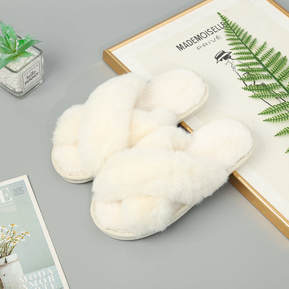 Faux Fur Crisscross Strap Slippers-Jewearrings