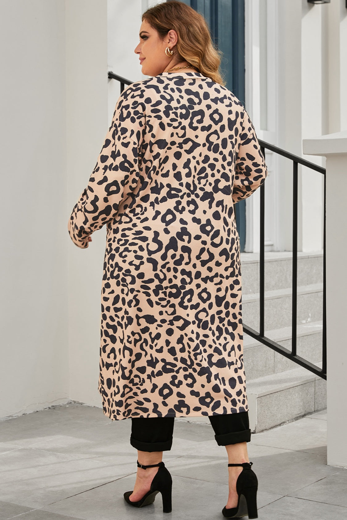 Plus Size Leopard Button Up Long Sleeve Cardigan-Jewearrings