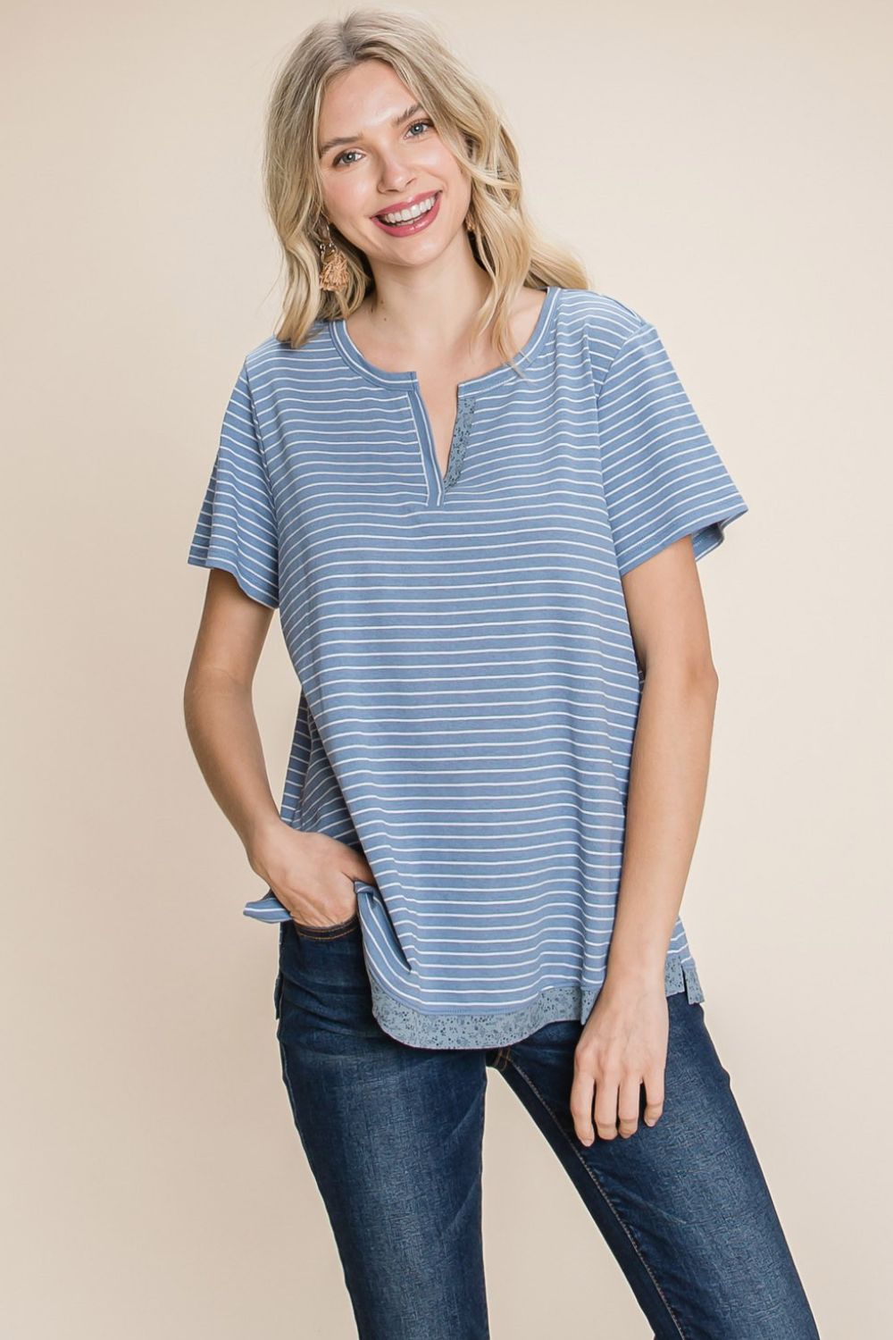 Cotton Bleu by Nu Lab Slit Striped Notched Short Sleeve T-Shirt-Jewearrings