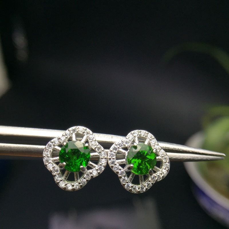 925 Silver Inlaid Diopside Emerald Stud Earrings-Jewearrings