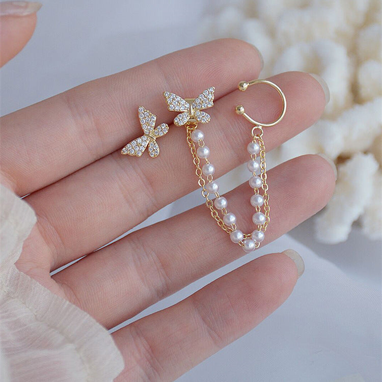 Two-piece Butterfly Ear Bone Clip Earrings One-piece Pearl Chain-Jewearrings