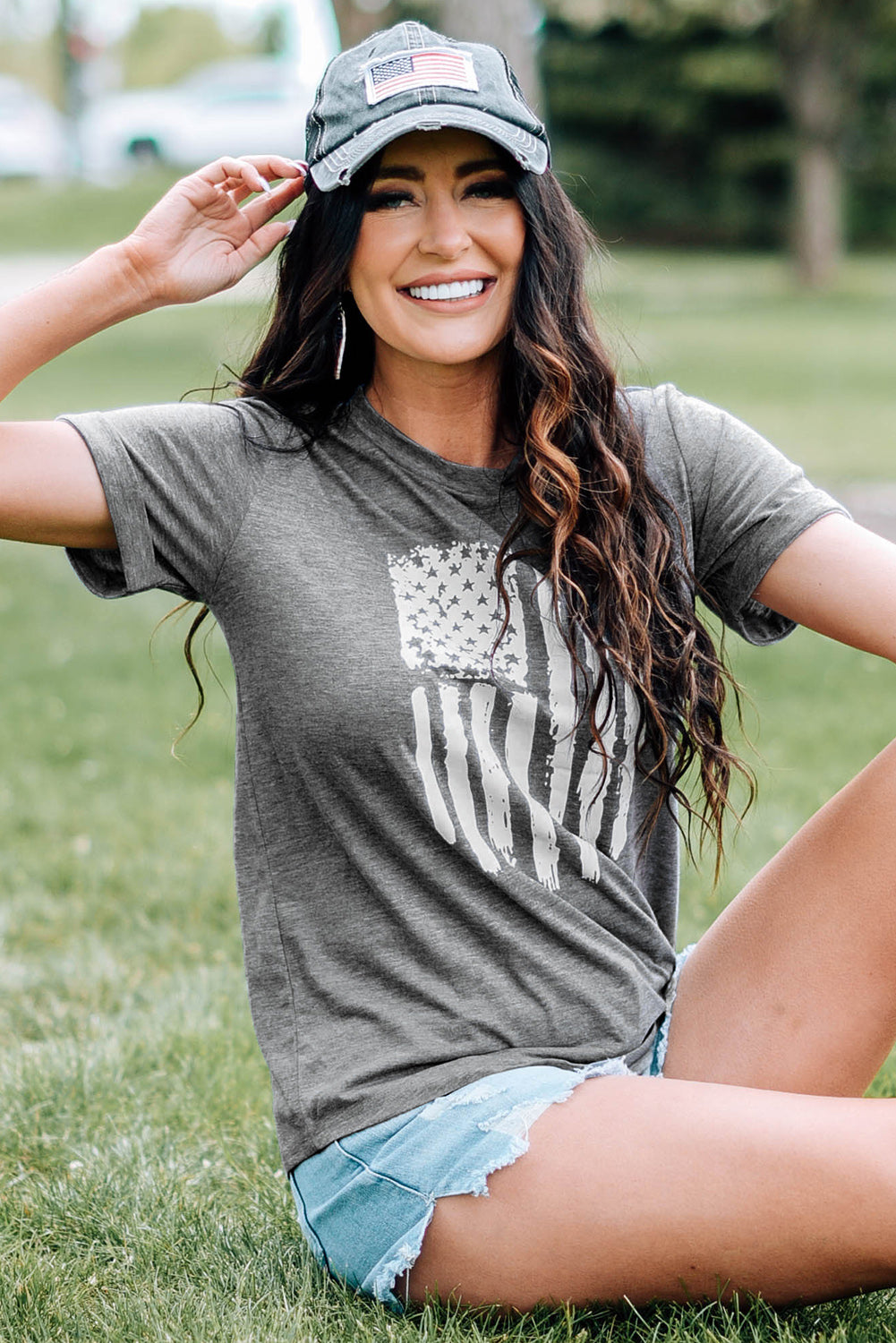 US Flag Graphic Cuffed Sleeve Tee-Jewearrings