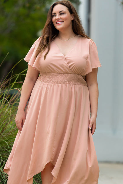 Plus Size Wide Waistband Surplice Neck Flutter Sleeve Midi Dress-Jewearrings