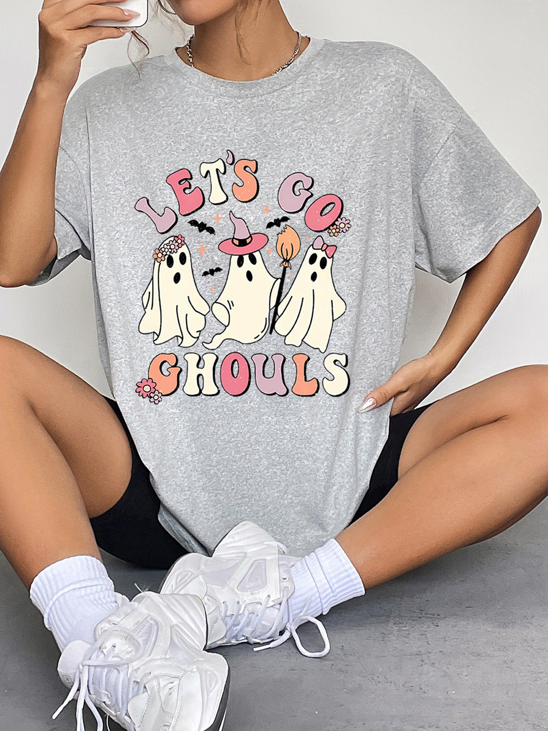 Round Neck Short Sleeve LET'S GO GHOULS Graphic T-Shirt-Jewearrings