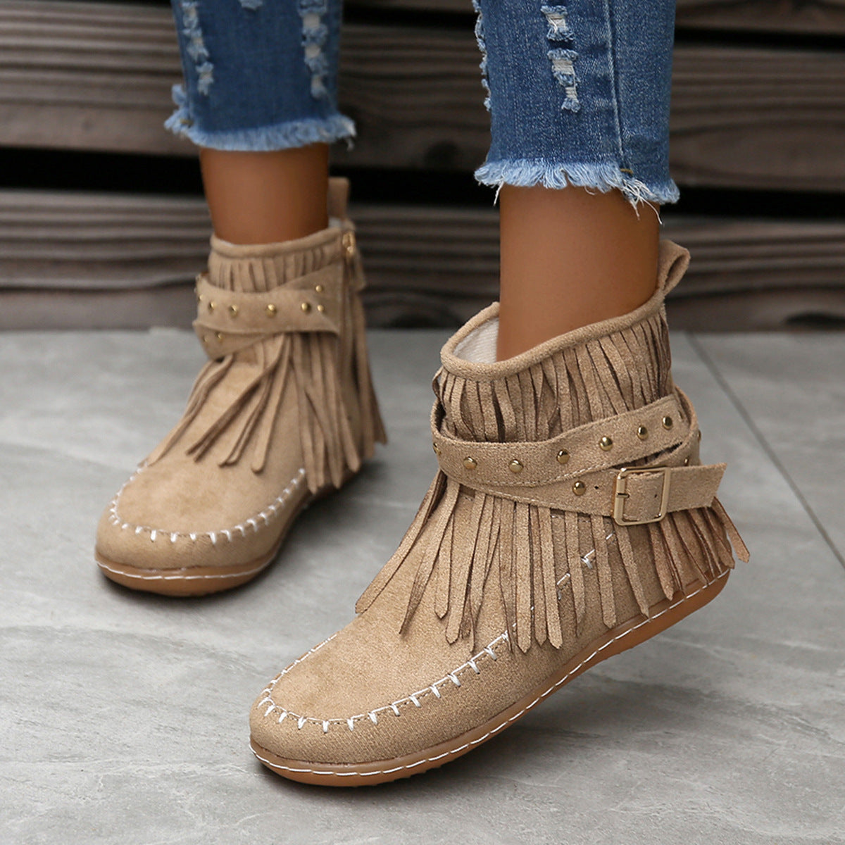 Studded Fringe Round Toe Boots-Jewearrings