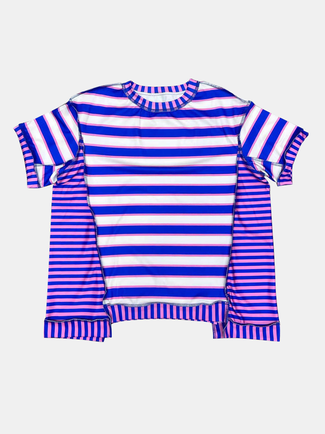 Full Size Contrast Stitching Striped Round Neck T-Shirt-Jewearrings