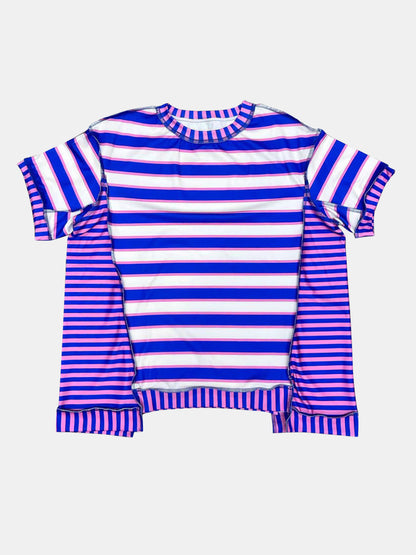 Full Size Contrast Stitching Striped Round Neck T-Shirt-Jewearrings