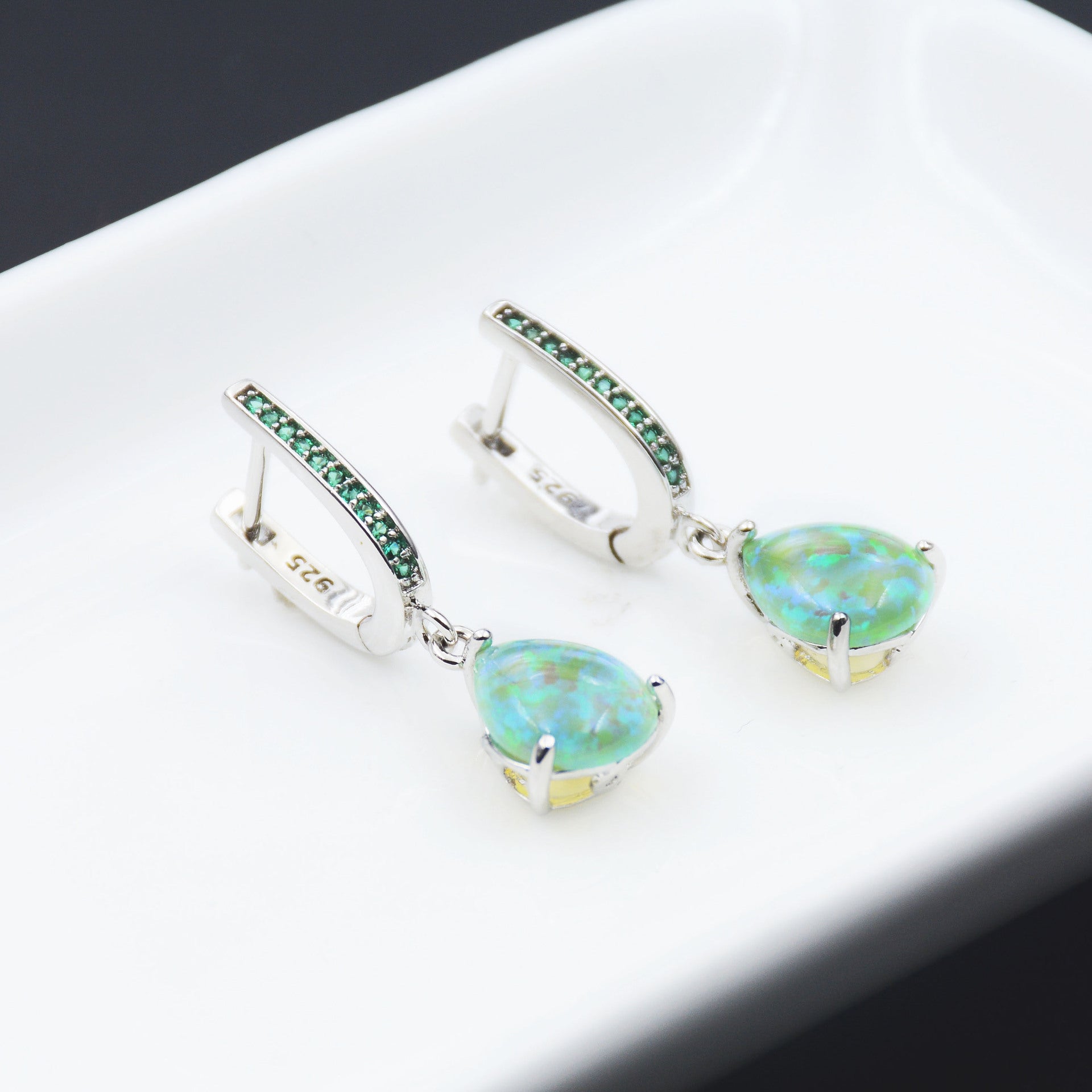 Green Drop Inlaid Zircon Opal Earrings-Jewearrings