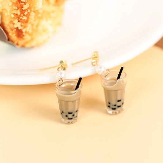 Pearl milk tea female earrings-Jewearrings