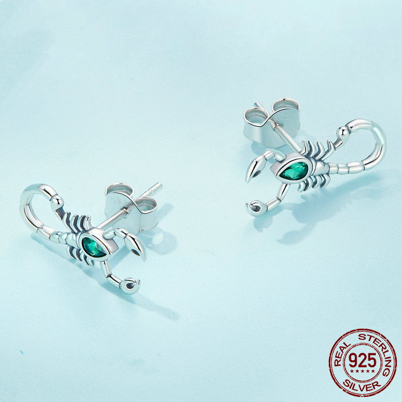 Green Zircon Scorpion Silver Stud Earrings Dark Black-Jewearrings