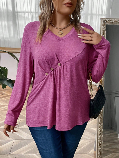 Plus Size Heathered V-Neck Decorative Button T-Shirt-Jewearrings