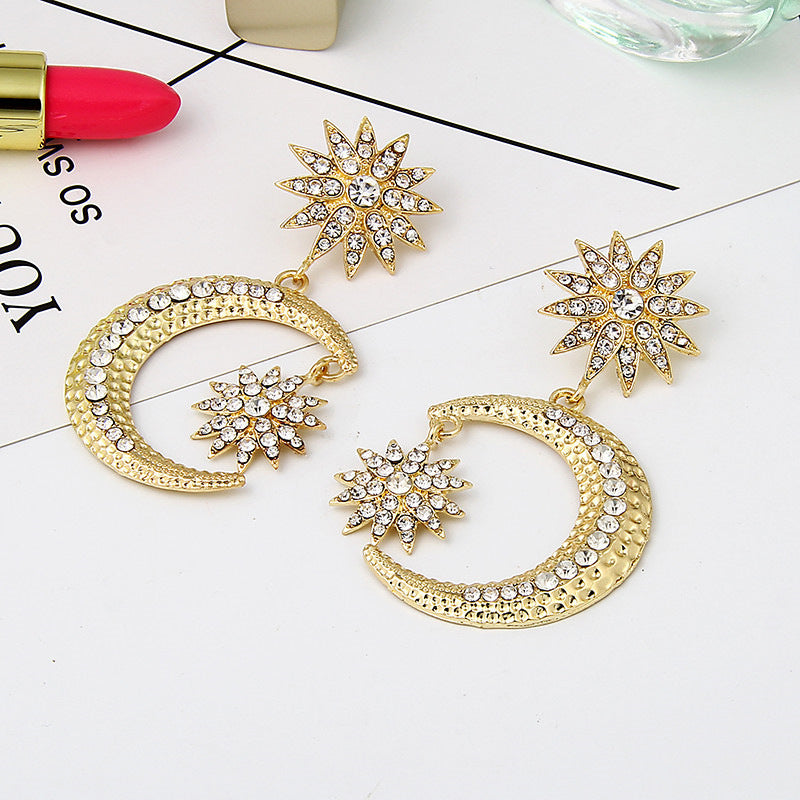 European And American Star And Moon Stud Earring Women's Retro Sun Moon Star Diamond Stud Earrings Exaggerated Eight Awn Star Long Earrings-Jewearrings