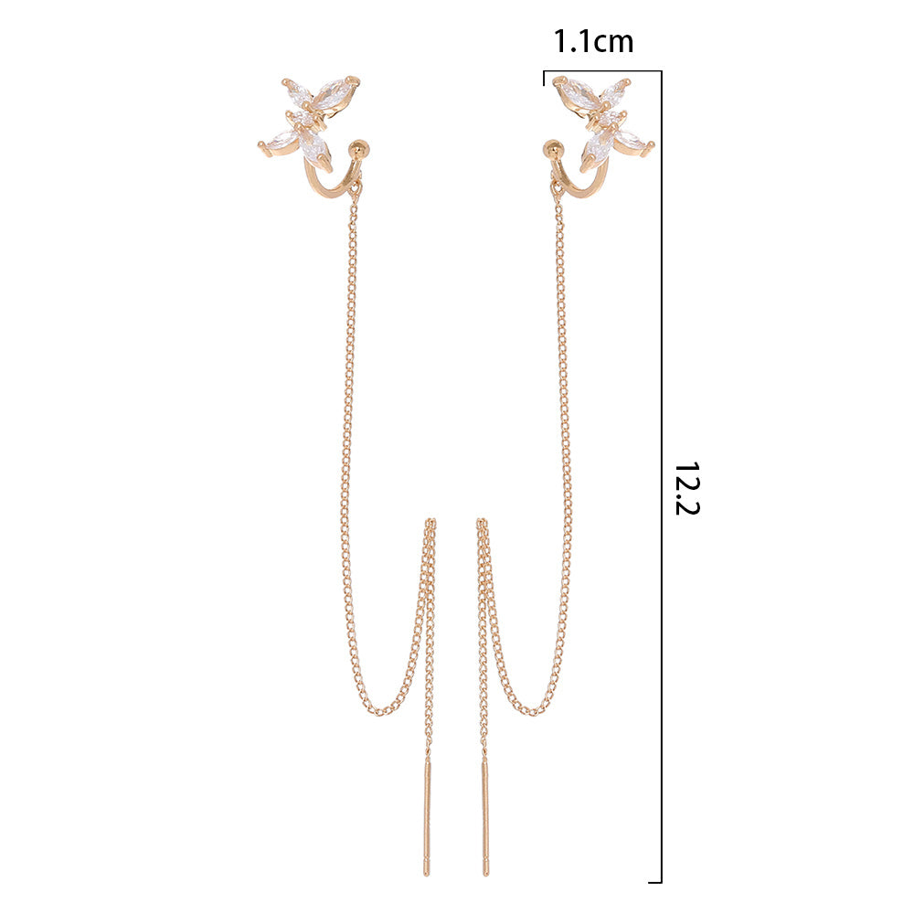 Cross Border Jewelry Personality Copper Micro Set Zircon Butterfly Ear Bone Clip Super Long Personality Tassel Ear Line Earrings-Jewearrings