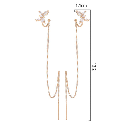 Cross Border Jewelry Personality Copper Micro Set Zircon Butterfly Ear Bone Clip Super Long Personality Tassel Ear Line Earrings-Jewearrings