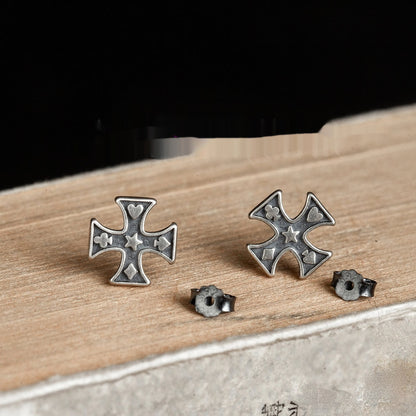 S925 Pure Retro Cross Poker Stud Earrings-Jewearrings