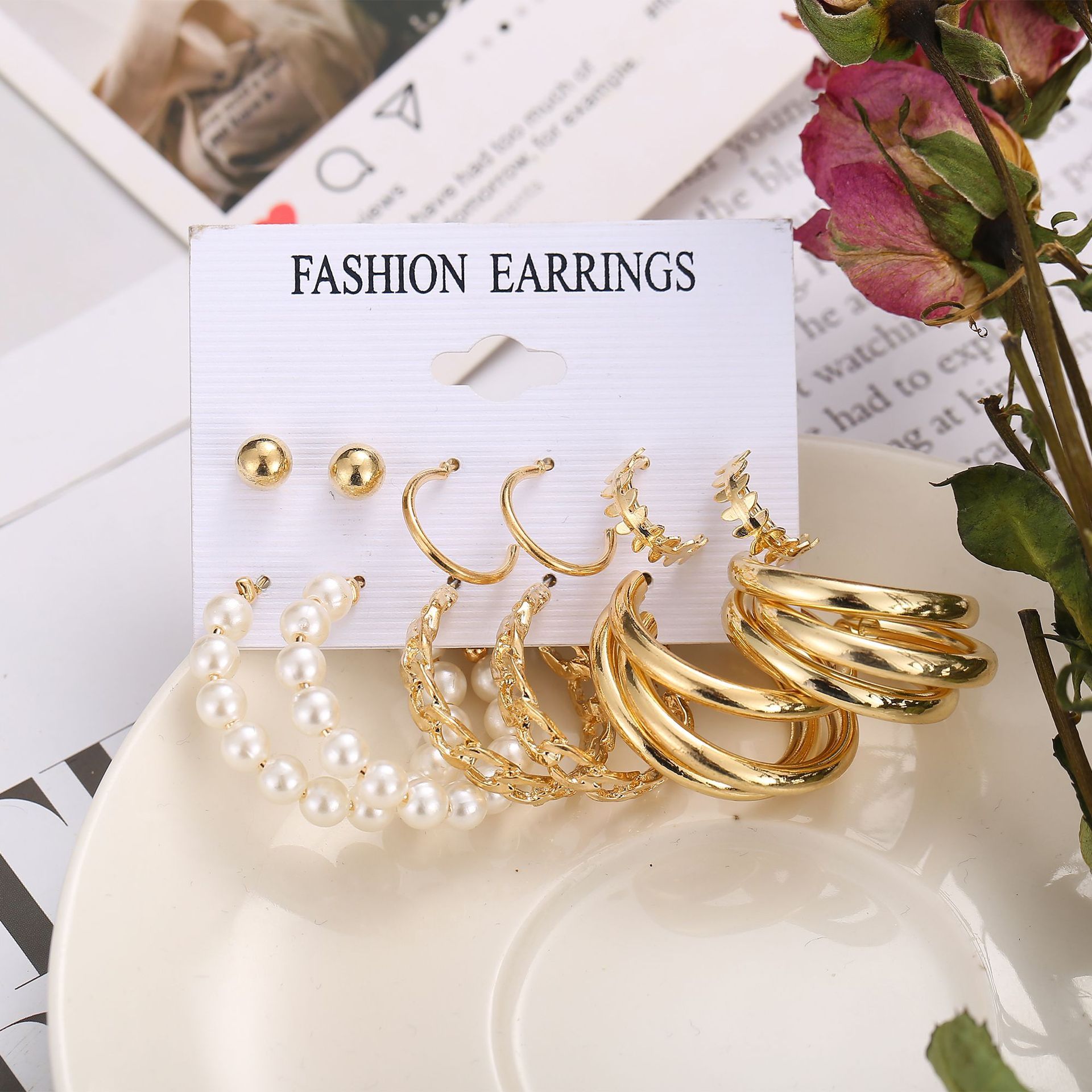 Vintage Metal Circle Women's Accessories Geometric Pearl Earrings 6-piece Set-Jewearrings