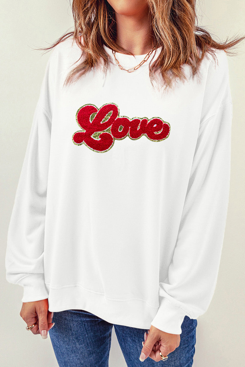 LOVE Embroidered Round Neck Dropped Shoulder Sweatshirt-Jewearrings