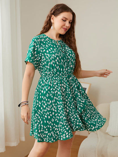 Plus Size Printed Tie Neck Ruffled Dress-Jewearrings