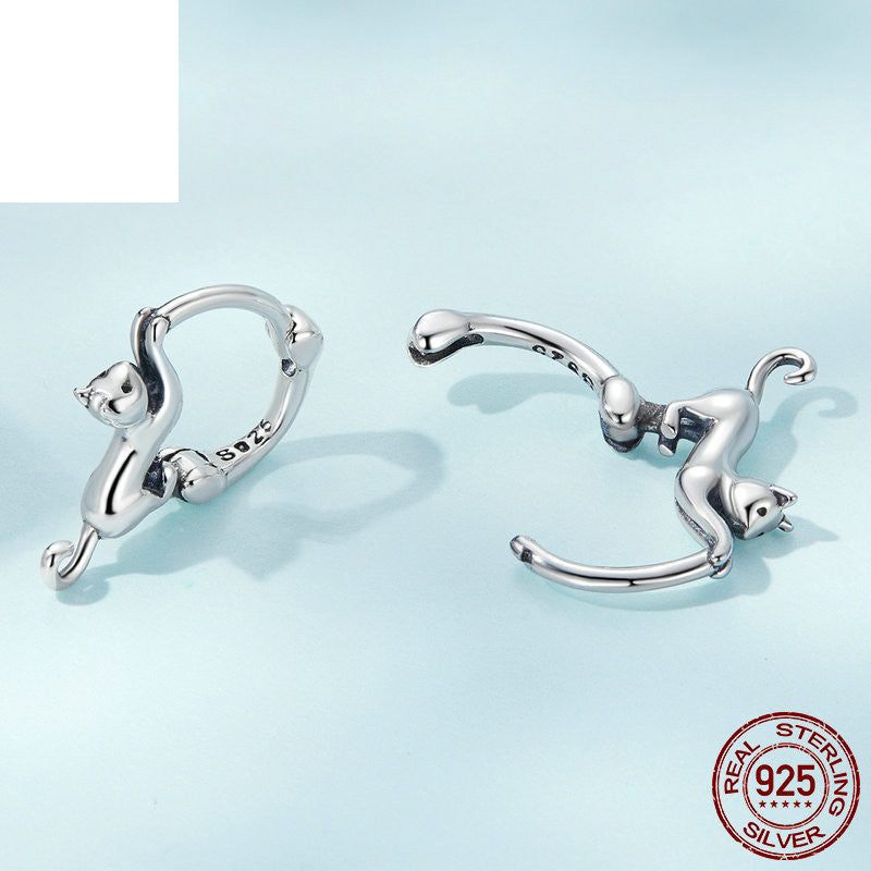 Sterling Silver S925 Cat Simple Cute Earrings-Jewearrings