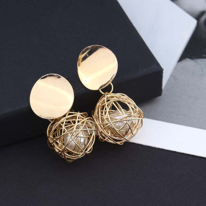 Vintage Geometric Earrings Simple Woven Ball Pearl Stud Earrings-Jewearrings