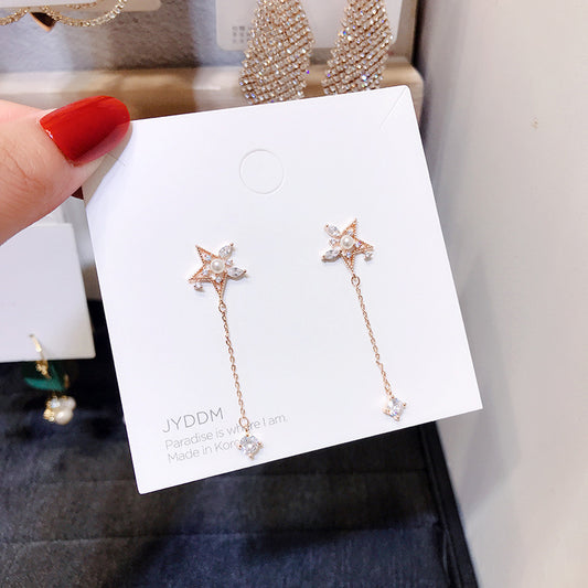 Personalized five-star pearl tassel earrings-Jewearrings