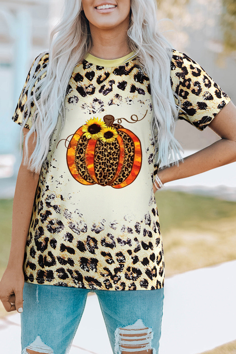 Leopard Pumpkin Graphic Round Neck Tee-Jewearrings