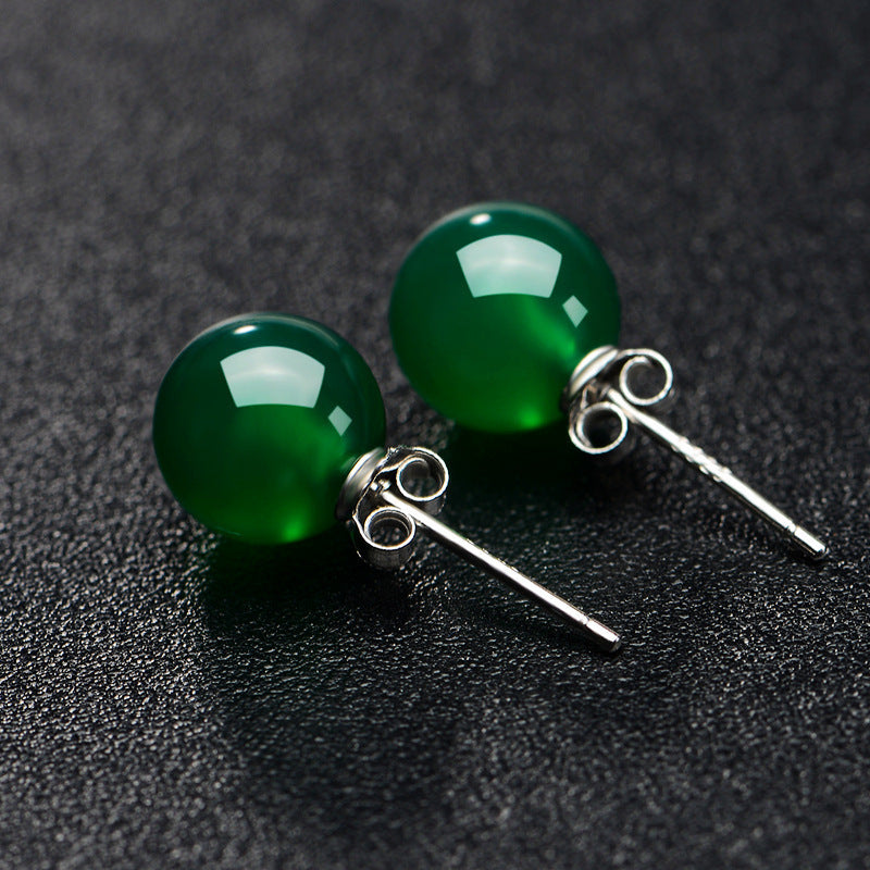 Green Chalcedony Stud Earrings Female Korean Copper Silver Plated Red Agate Gemstone Crystal Earrings-Jewearrings