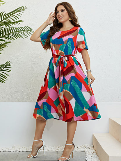 Plus Size Printed Round Neck Tie Belt Dress-Jewearrings