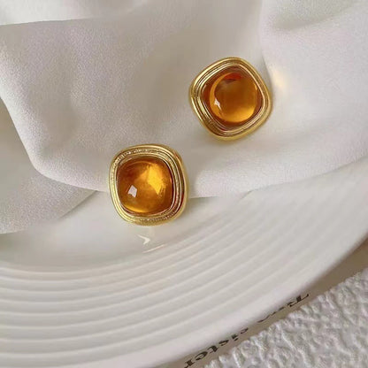 Vintage Amber Glass Crystal Geometric Square Stud Earrings-Jewearrings