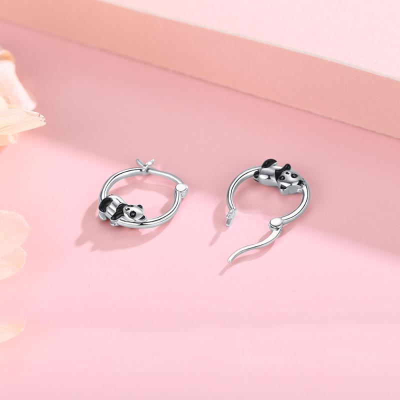 Sterling Silver Panda Small Animal Hug Hoop Earrings For Sensitive Ears Silver Earrings-Jewearrings