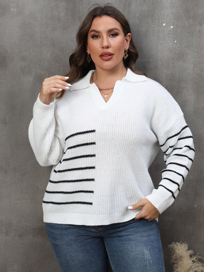 Plus Size Striped V-Neck Sweater-Jewearrings