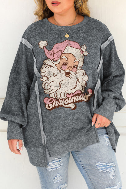 Plus Size Santa Graphic Exposed Seam Long Sleeve Sweatshirt-Jewearrings