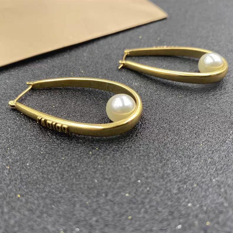 Oval Pearl Ear Hoop Earrings Jewelry-Jewearrings