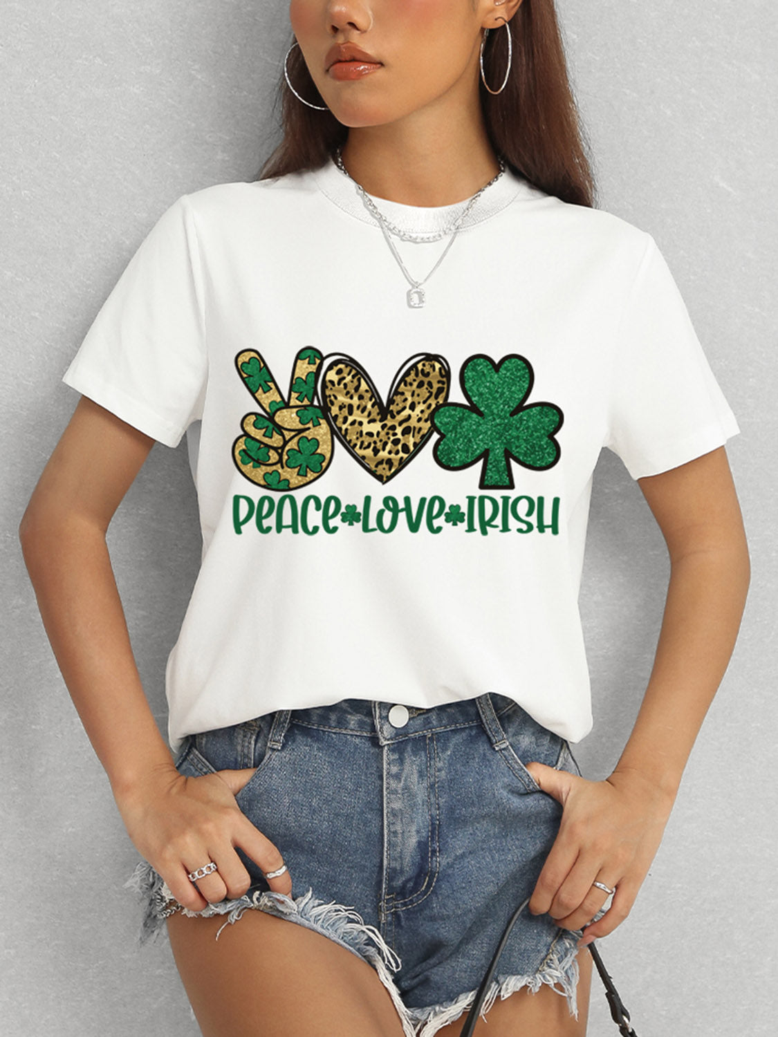 PEACE LOVE IRISH Round Neck Short Sleeve T-Shirt-Jewearrings