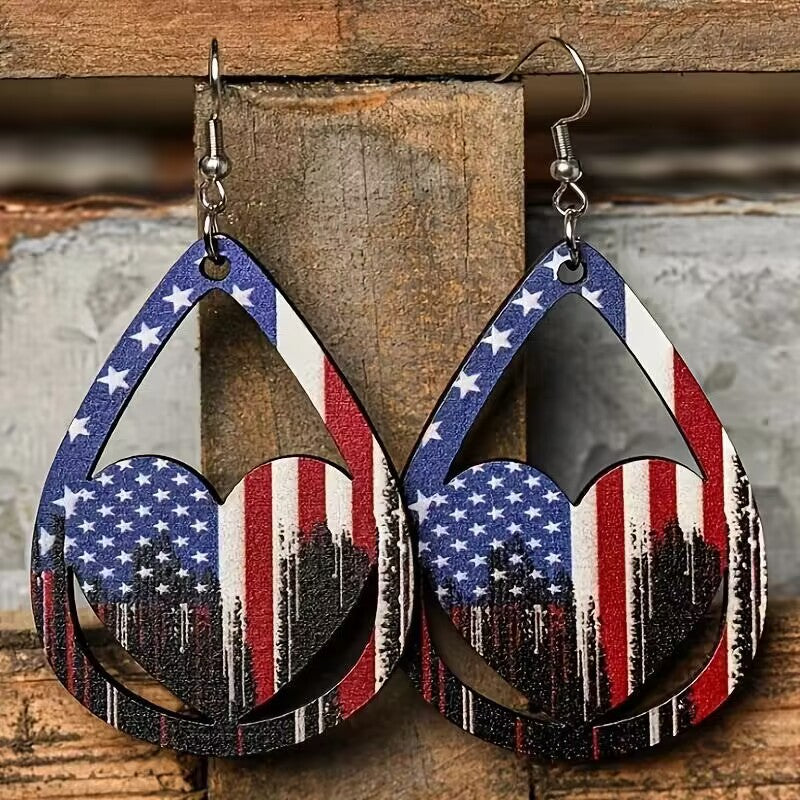 US Flag Pattern Wooden Earrings-Jewearrings